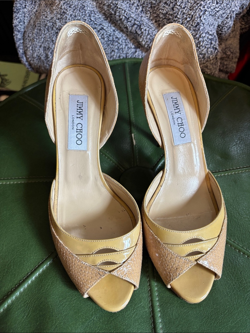 Jimmy Choo Yellow Leather & Snakeskin Peep-Toe Pumps